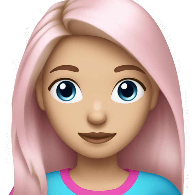 a blue eyed white dark blond hair girl wearing a pink shirt holding a pink iphone  emoji