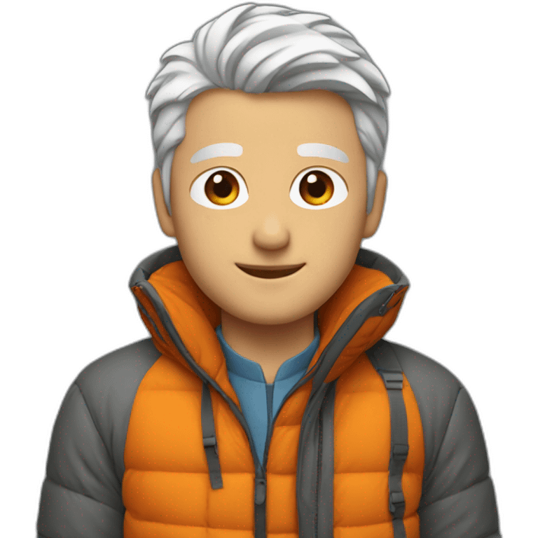 young gray-haired white man with an orange down jacket emoji