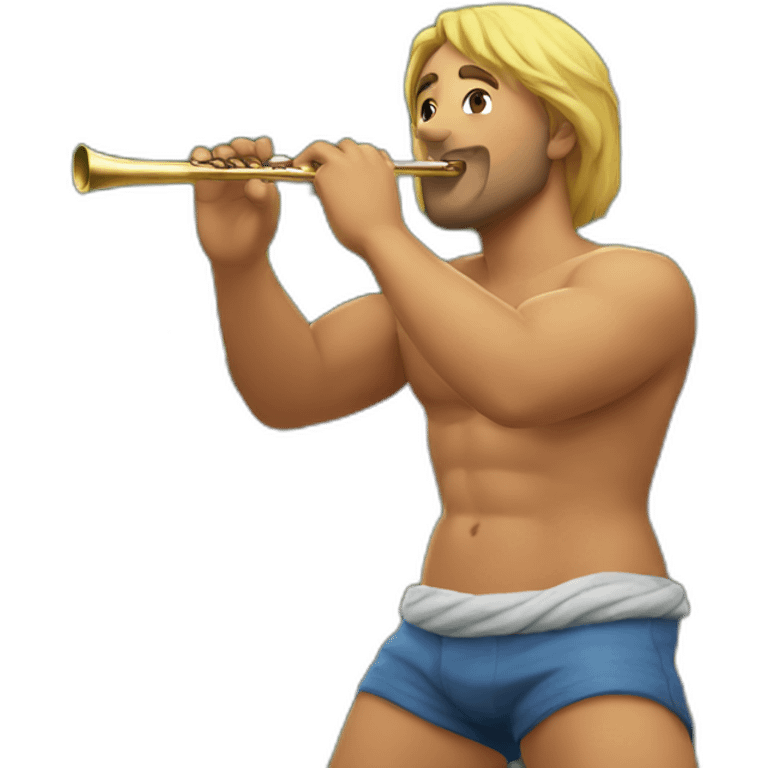 Shirtless man blowing a flute in the bushes emoji