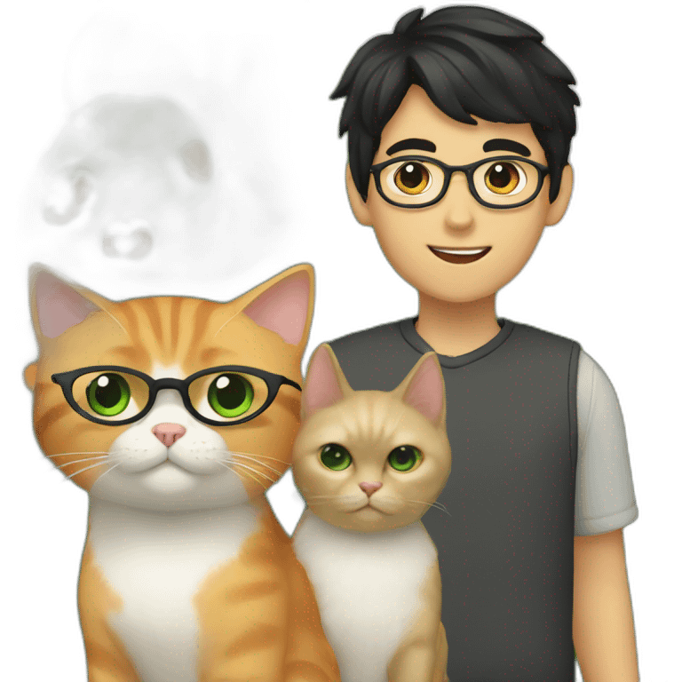 Boy with green eyes, glasses, with black short hair, with orange Persian cat emoji