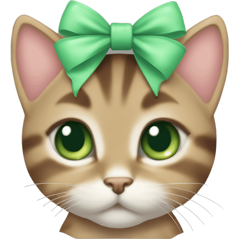 kawaii brown tabby kitten with green eyes and pastel green bow on top of head emoji