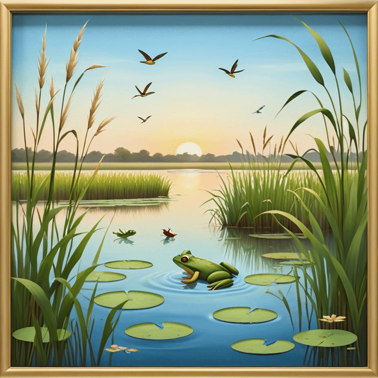 Cinematic Realistic Wetlands Emoji in a wooden frame, Peaceful and serene, with tall grasses swaying in the breeze and soft, muddy waters reflecting the sky above. Small birds and insects flit among the reeds while lily pads float lazily across the surface, punctuated by the occasional croak of a frog or splash of a fish. Soft glowing outline, capturing the essence of a calm, tranquil wetland brimming with life and natural beauty. emoji