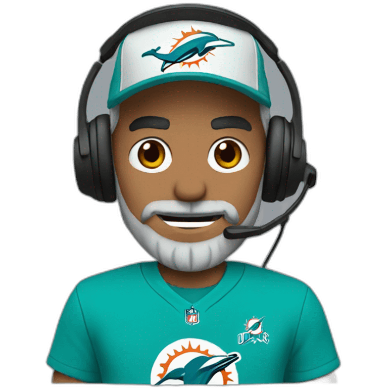 grey bearded man wearing a black cap and a headset with a miami dolphins t-shirts emoji