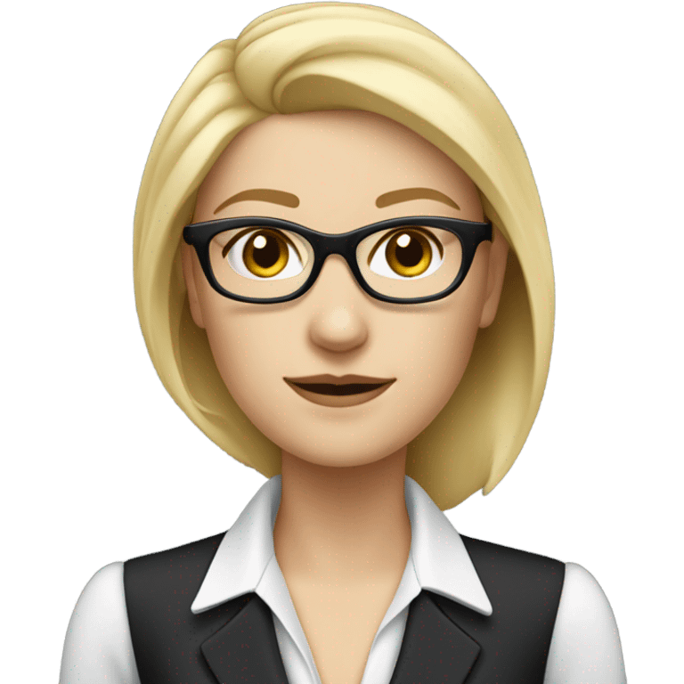 pretty caucasian woman with blonde hair and blue eyes with black glasses in a business suit emoji