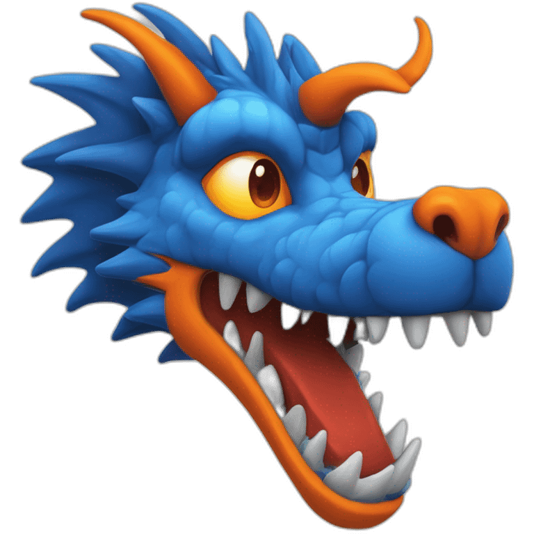 Un dragon mi loup de couleur rouge, bleu, blanc et orange moutardes. Il a des corne de bélier orange moutard. Il qui crache du feux emoji