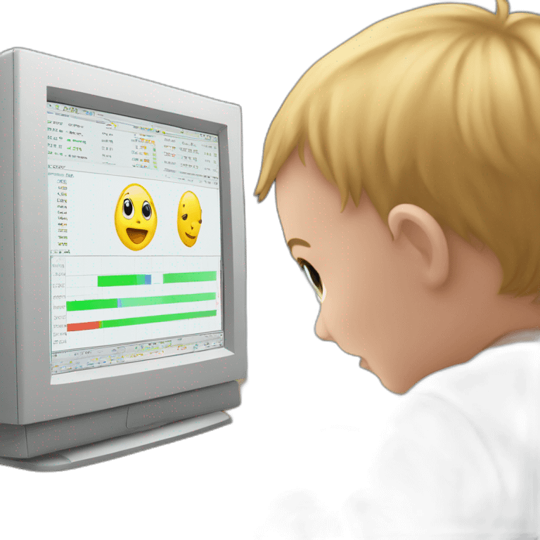 A baby watching monitor and on monitor a trading chart is show emoji