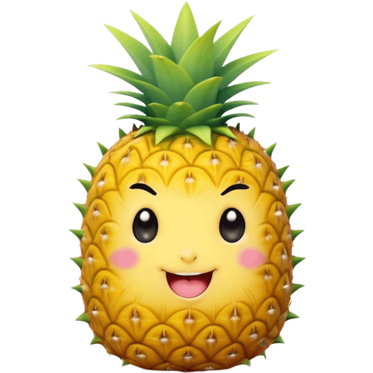 Cute Kawaii Pineapple, tiny and round, bright golden yellow with a spiky green top, chubby cheeks, playful winking expression, soft pastel textures, sweet and tropical vibes! emoji