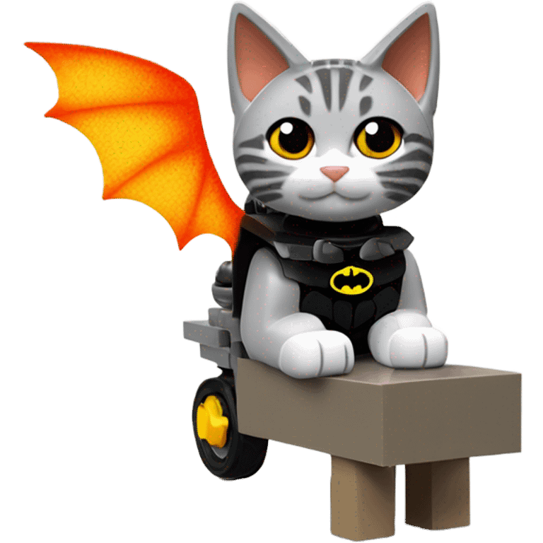 Lego Batman riding a Grey and black tabby kitten with white legs, and wings of fire  emoji