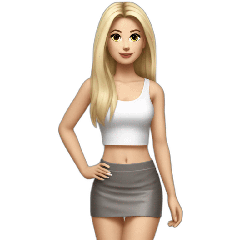 hyperrealist caucasian long straight blonde hair dark brown eyes sexy woman white crop tank top gray tight mini skirt black high heel shoes full body emoji