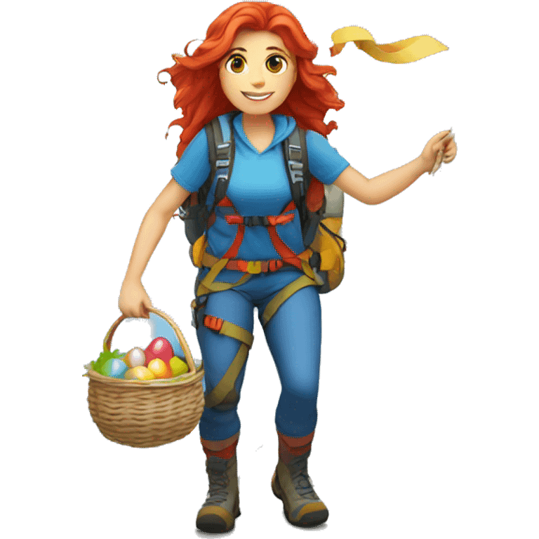 Female mountain climber long red hair climbing with Greek flag on backpack and holding Easter eggs basket emoji