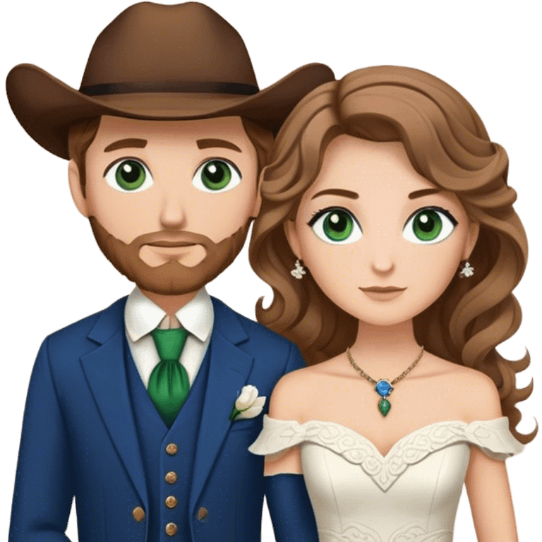 A bride and groom. Bride has brown hair with soft curls, has green eyes, wears an off shoulder dress. Groom, dark blue eyes, hair is blond, wears a western suit with a brown vest and a bolo tie. emoji