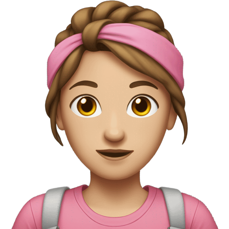 A white woman with brown hair in pony tail wearing pink headband, pink t shirt and overalls  emoji