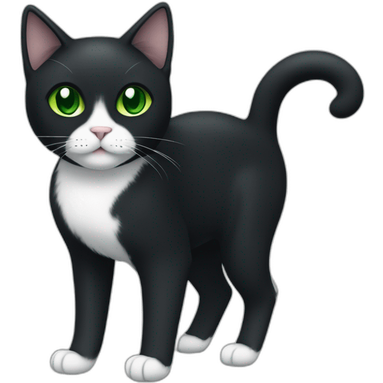 A black cat with green eyes with a white mustache, with a thin white stripe on the nose on the right side, with a full-length white breast and white paws emoji