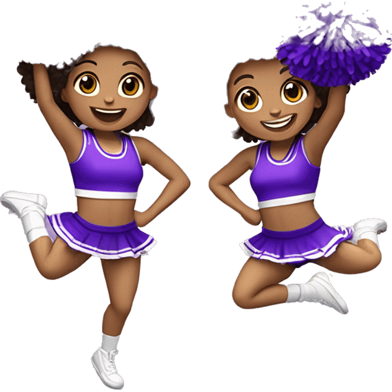 Caucasian cheerleader with dark brown curly hair, jumping and holding up two purple Pom poms, small full body emoji emoji