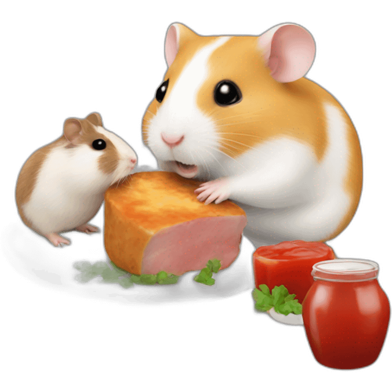 a hamster with a guinea pig eating a steak with ketchup  emoji