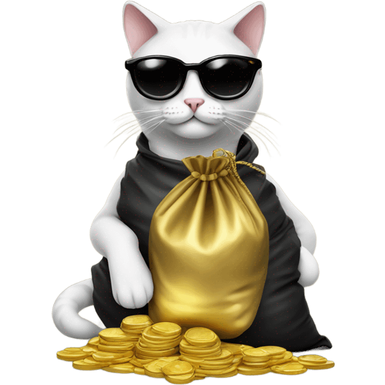 cat in brutal dark glasses with a bag of gold coins emoji