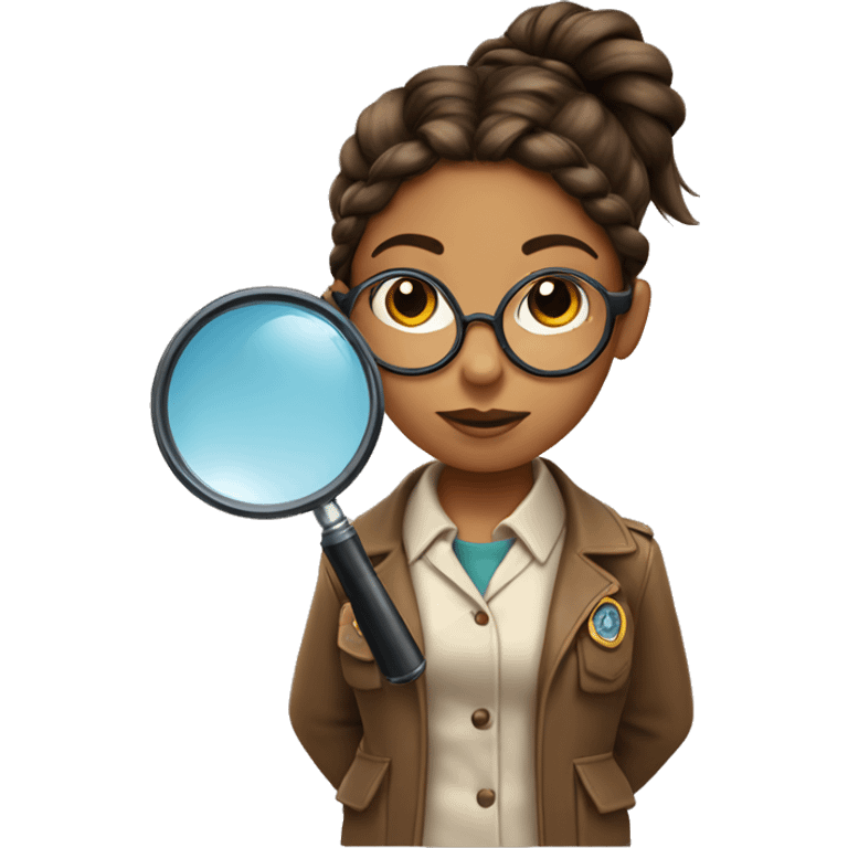 girl detective with brown braided ponytails, glasses and a magnifying glass emoji