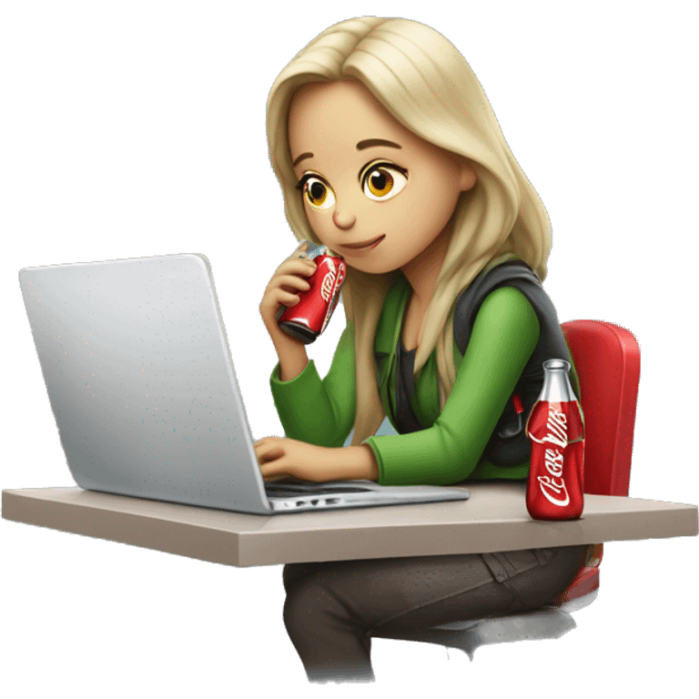 tired girl with laptop drinking coca-cola emoji