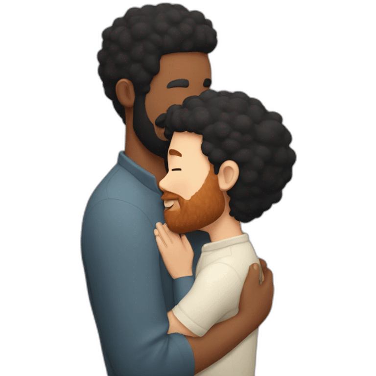 Man with black hair and ginger beard is kissing man with black hair and shaved bear emoji