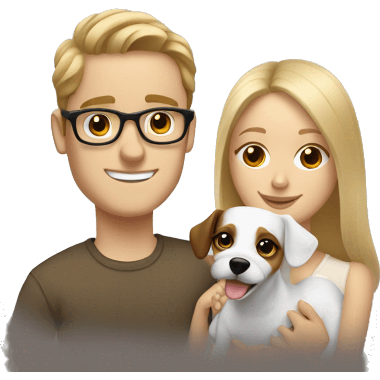 Blonde girl and her white boyfriend with brown hair and glasses cuddling a jack Russell  emoji