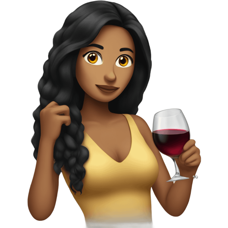 Tanned woman with long black hair drinking wine  emoji