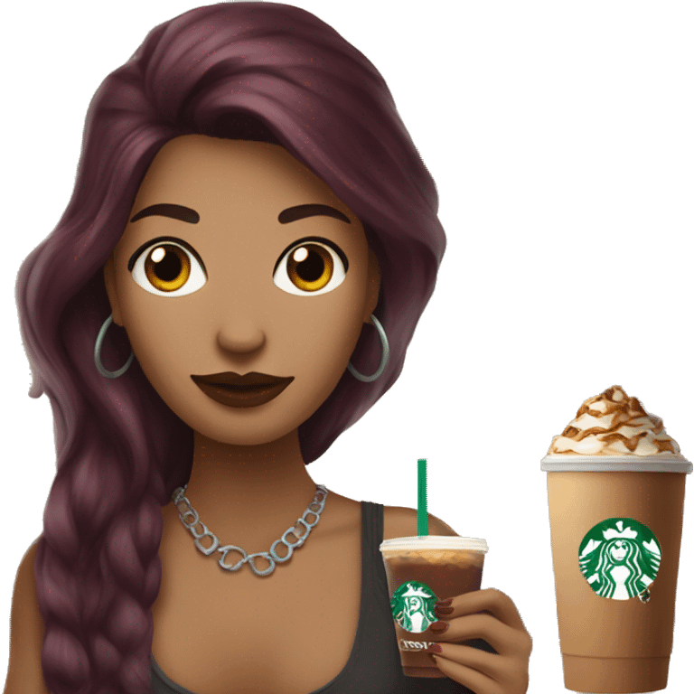 Beautiful tattooed  burgundy long haired woman holding a Starbucks drink emoji