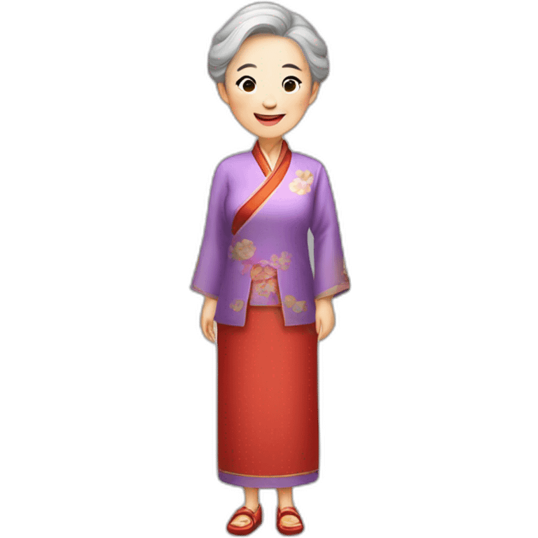 Chinese senior lady with nice smile standing dressed traditional chinese quipao emoji