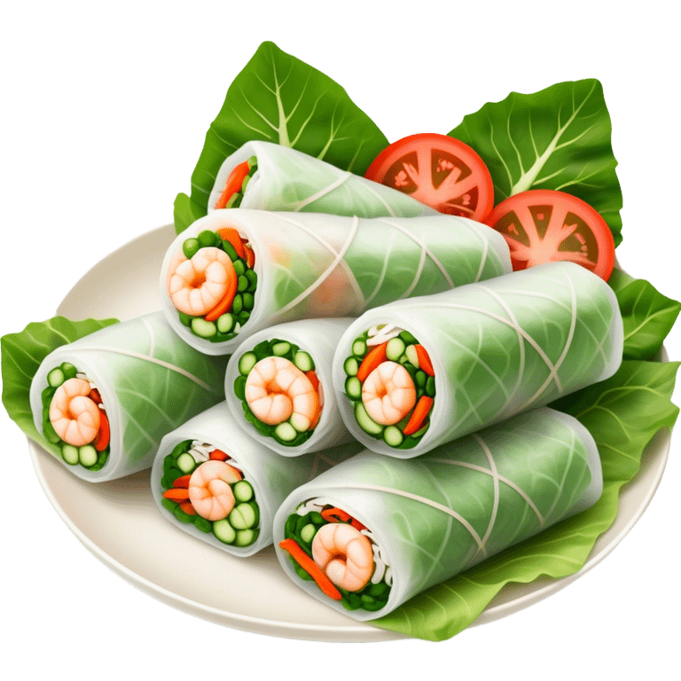 Cinematic Realistic Vietnamese Summer Rolls Dish Emoji, depicted with delicate rice paper wraps filled with fresh vegetables and shrimp rendered with crisp textures and refreshing lighting. emoji