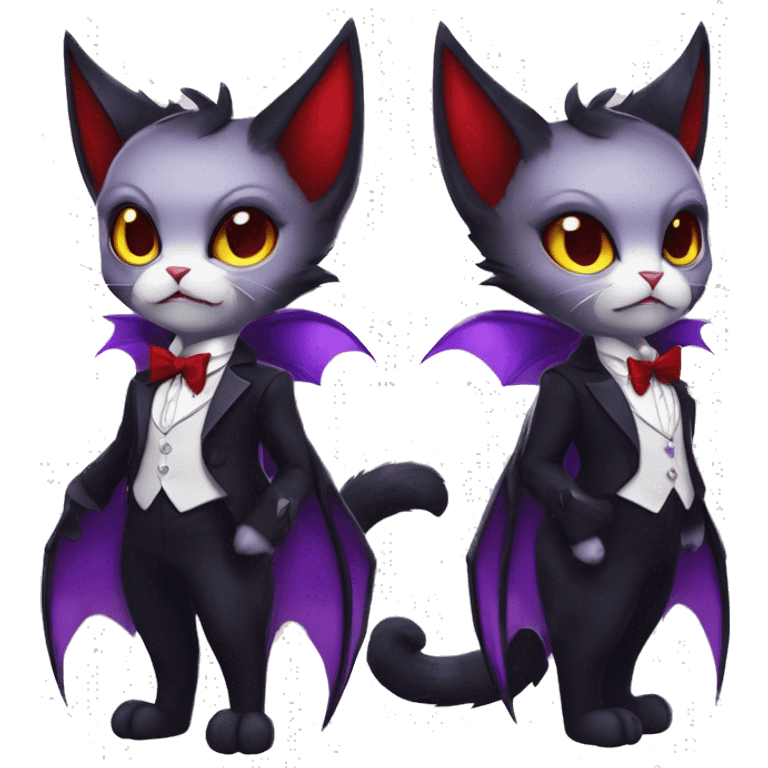 Cute-Evil-Vampiric-Batty-Cat-Black-Purple-Red-Yellow-Contrast-Colors-Fantasy-Fur-Sona-Chibi-Shiny-Fakémon-Hybrid with horns and big fangs neck bow white tie leg spats full body emoji