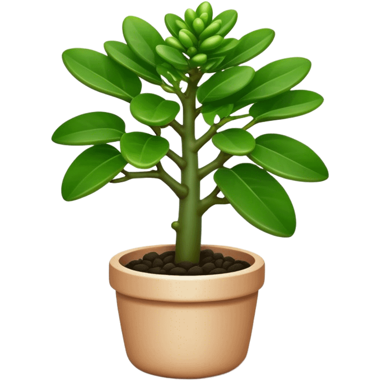 Cinematic Realistic Jade Plant Emoji, Thick and glossy, with dark green, round leaves that shine under the light. The sturdy stems and vibrant foliage give a sense of prosperity and tranquility. Soft glowing outline, capturing the essence of good luck, growth, and natural elegance in a flourishing jade plant! emoji