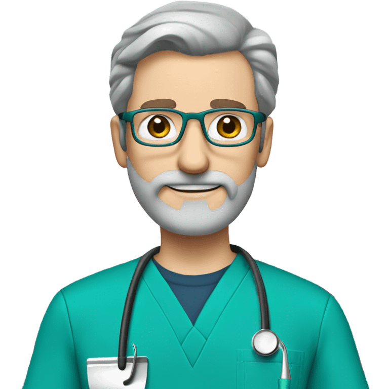 male dark blond with grey beard doctor with hazel eyes and wire-rimmed glasses in teal scrubs holding a paintbrush and a jigsaw emoji