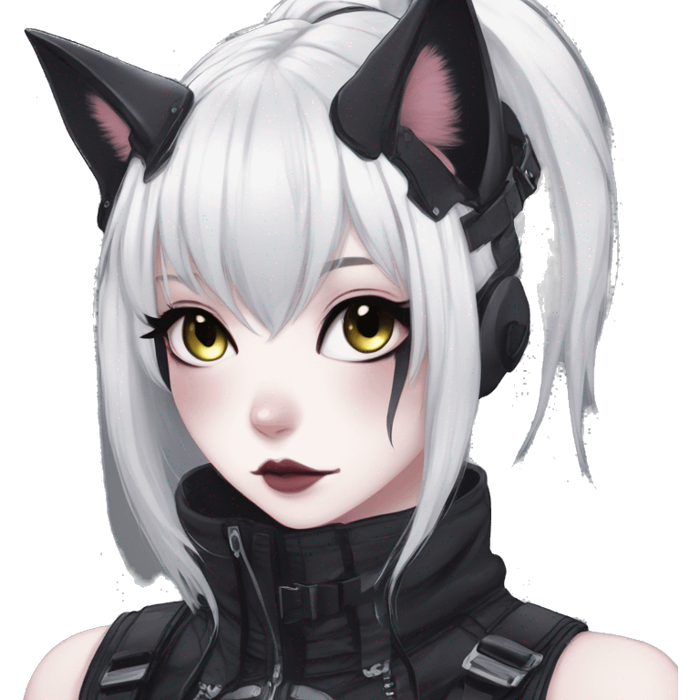 Gorgeous gothic dark techwear anime style anthro cat with blushing face aesthetic and pretty edgy black with collar and harness trending style emoji