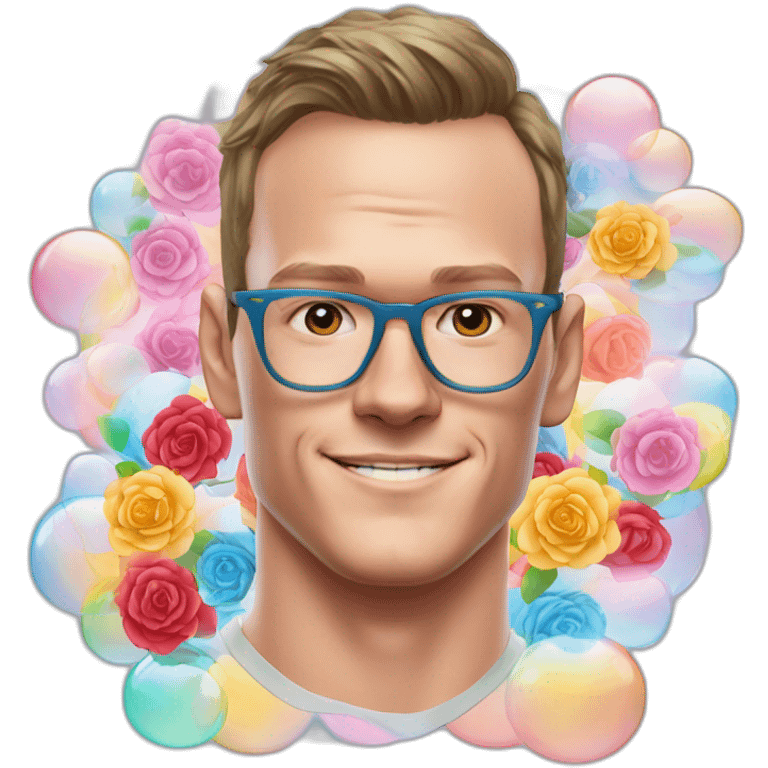 Jonathan Toews wearing glasses inside a rainbow bubble with pastel roses emoji