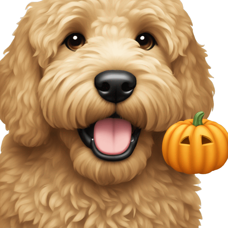 A goldendoodle with a pumpkin emoji