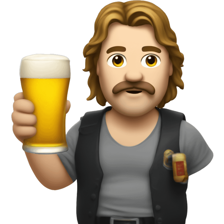 slightly fat man with long hair and a mullet cut with a mustache and a beer in his hand, the man stop fire emoji