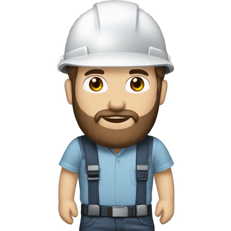 Mid white engineer wearing light blue blouse and black jeans and brown safety shoes and white helmet and dark hair beard  emoji