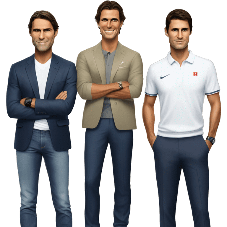 In the left ide there is Rafael Nadal. In the middle there is Novak Djokovic. In the right side there is Roger Federer. They ar standing one next to each other and they are made with the smestyle emoji