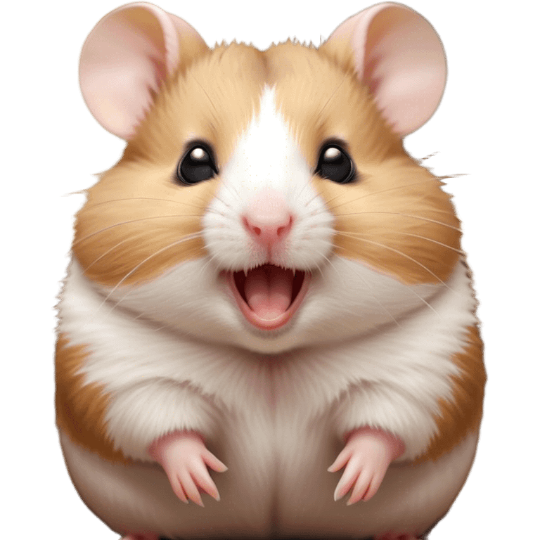 Cinematic Cute Yawning Brown and White Banded Hamster Portrait Emoji, Head tilted slightly with a dramatic, wide-open yawn, revealing a soft, banded fur of brown and white with tiny droopy ears, round dark eyes barely open in drowsy contentment, Simplified yet irresistibly adorable features, highly detailed, glowing with a soft, cozy glow, high shine, relaxed yet expressive, stylized with a touch of whimsy, bright and endearing, soft glowing outline, capturing the essence of a sleepy yet affectionate hamster, so drowsy it feels like it could stretch out of the screen and curl up for a nap! emoji