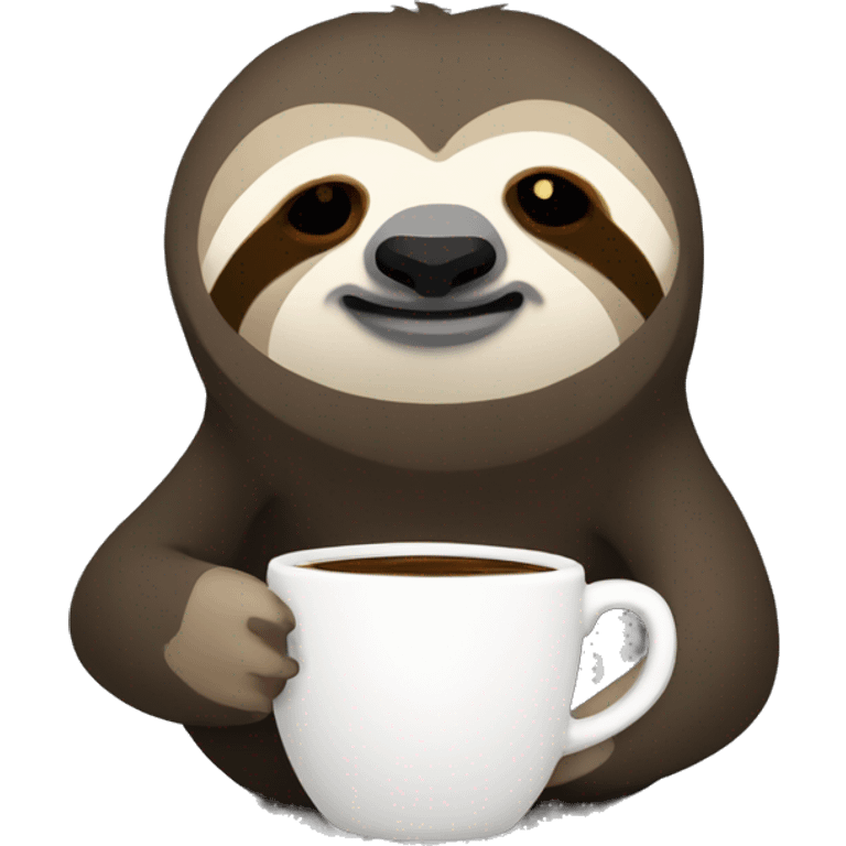 Cute sleepy Sloth in black turtleneck with coffee mug simple ios emoji