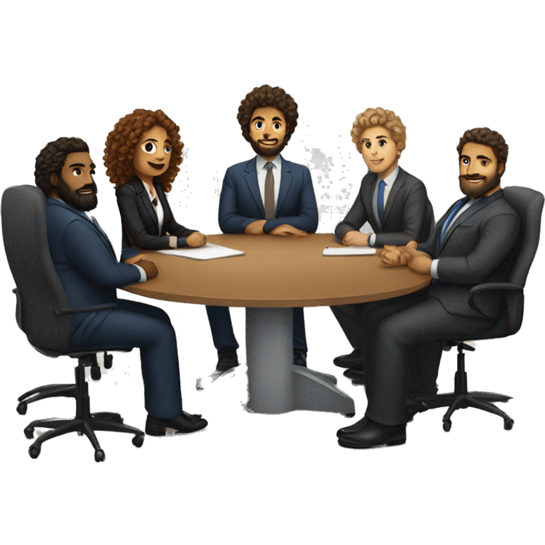 work meeting table 3 men and 4 women sitting on a table wearing suits the women have curly hair and one of the men is fat with a beard and of them is tanned with curly hair emoji