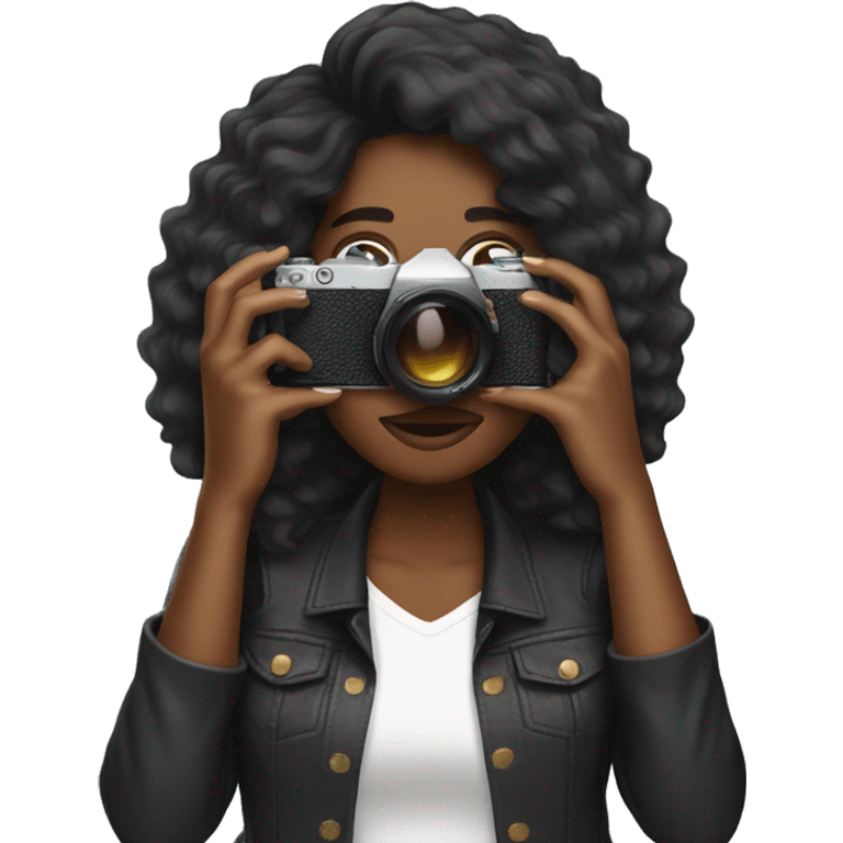 Pretty black woman long hair photographer camera covering face emoji