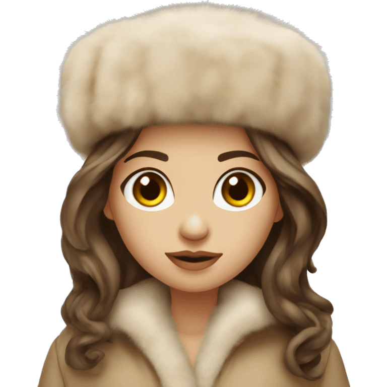 Slavic girl with dark eyes and brown wavy long hair wearing a beige fur hat and beige Mink fur coat emoji