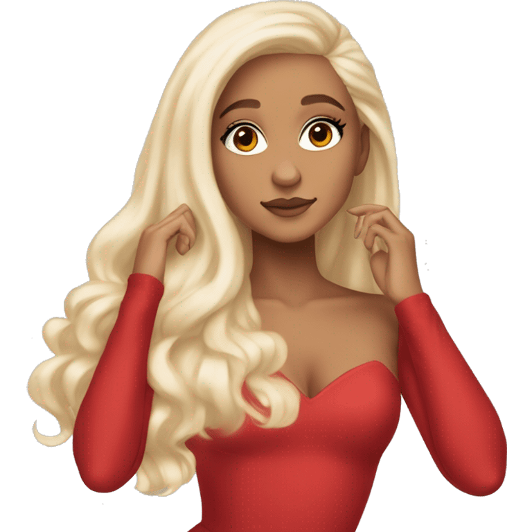 ariana grande, blonde hair, red dress, ethereal posing, light skin emoji