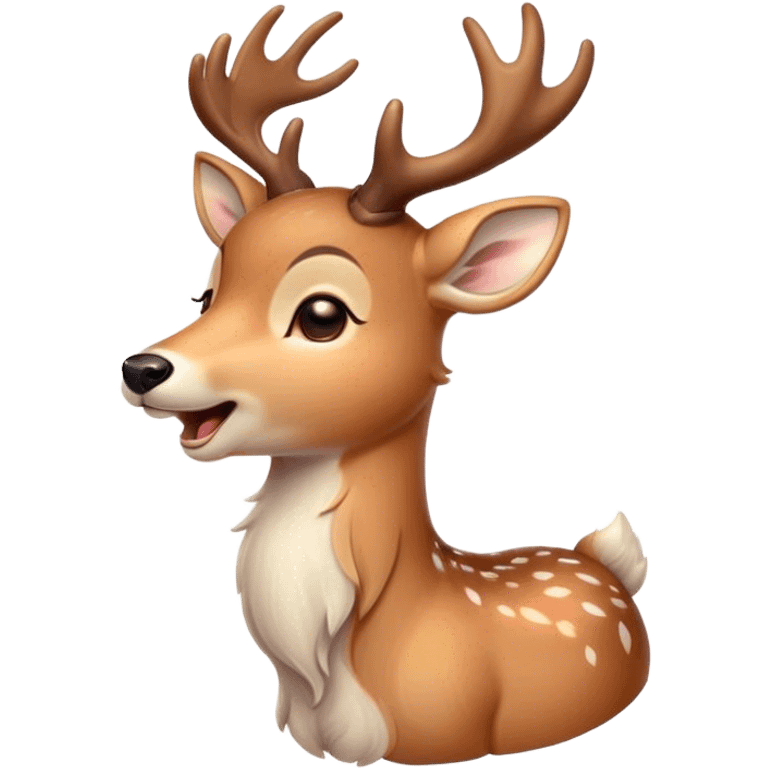 Cinematic Cute Yawning Deer Portrait Emoji, Head tilted slightly with a dramatic, wide-open yawn, revealing a soft, dappled coat and elegantly drooping ears, eyes barely open in drowsy contentment, Simplified yet irresistibly adorable features, highly detailed, glowing with a soft, cozy glow, high shine, relaxed yet expressive, stylized with a touch of natural whimsy, bright and endearing, soft glowing outline, capturing the essence of a sleepy yet affectionate deer, so drowsy it feels like it could stretch right out of the screen and curl up for a nap! emoji