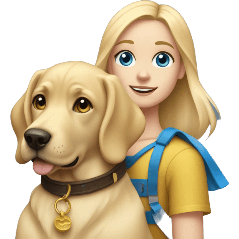 Blonde girl with blue eyes holding a golden Labrador with a blue collar emoji