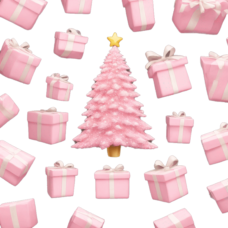 pink christmas tree with white and cream colored presents underneath emoji