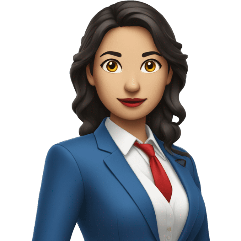 latin woman in blue suit, white shirt and red tie pointing to the right emoji