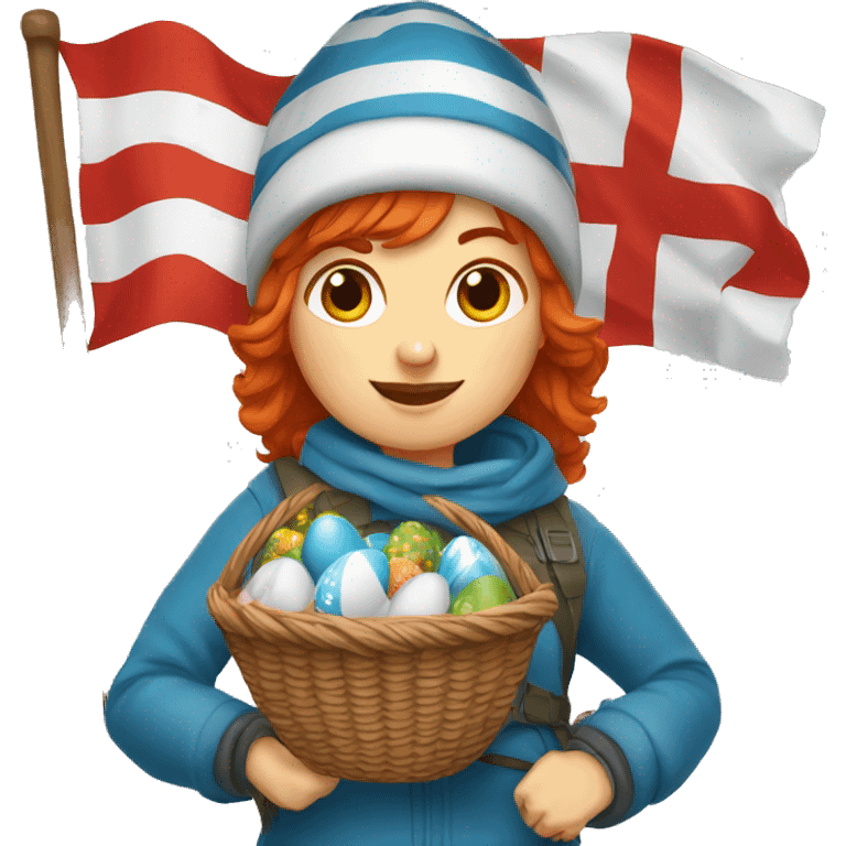 red hair female winter mountaineer offering red Easter basket and Greek flag emoji