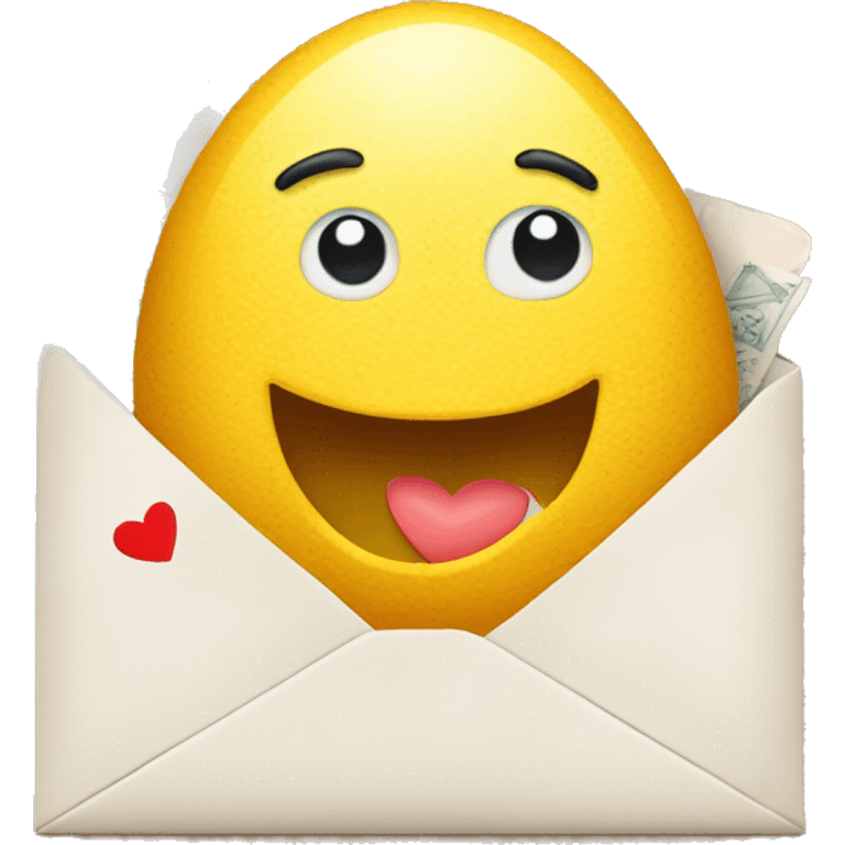 A cute scrambled egg with a smiley face holding letters of mail with hearts on the envelope emoji