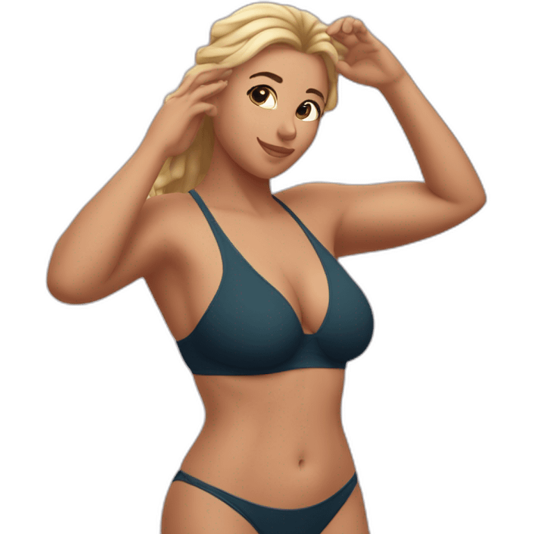 Slim-thicc Caucasian woman bikini hands in hair pose (beach body) emoji